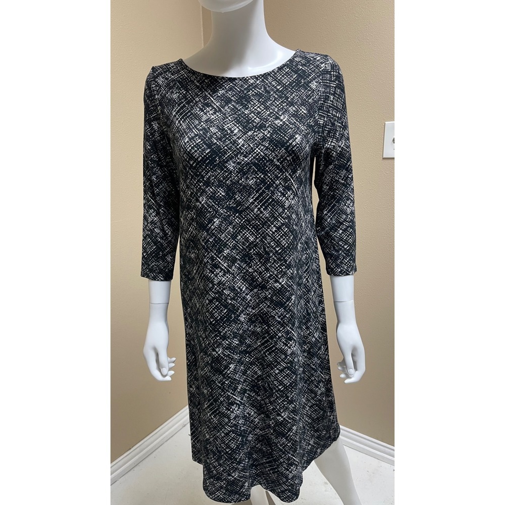 J.Jill Wearever Black White Abstract Geo Stretch Shift Dress 3/4 Sleeve Small